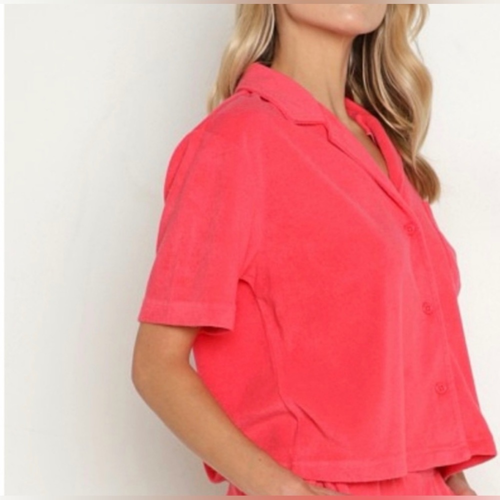 Z SUPPLY Resort Terry Short Sleeve Button Up Shirt Strawberry